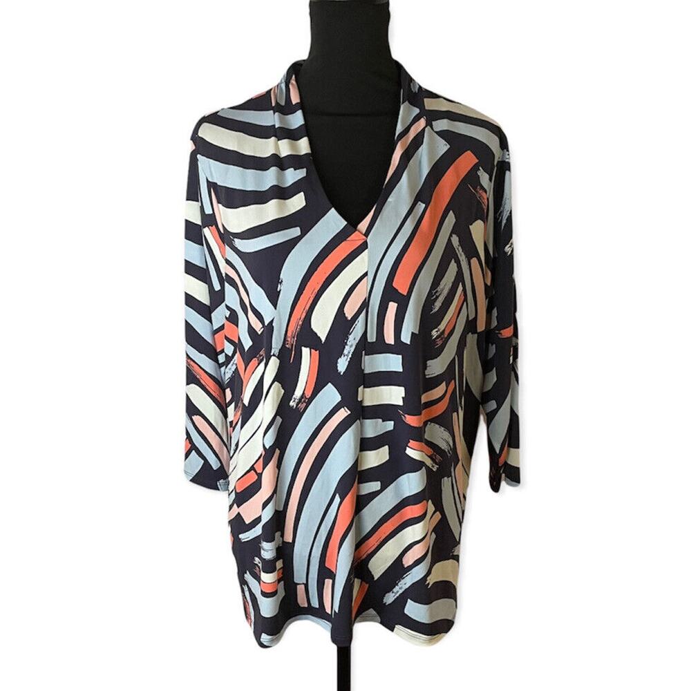 Worthington 0X Top Womans Blue Pink Abstract Stretch Long Sleeves